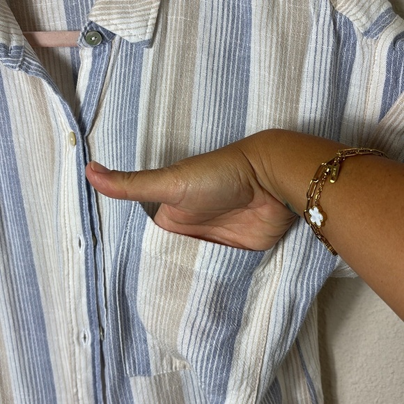 Becool Linen Blend Striped Button Down Short Sleeve Shirt Blue Beige White Sz S - Picture 5 of 8